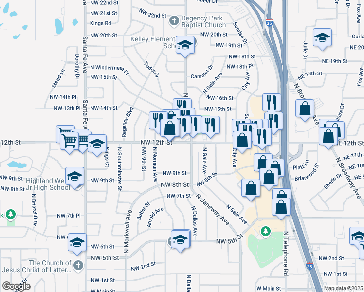 map of restaurants, bars, coffee shops, grocery stores, and more near 804 Northwest 12th Street in Moore