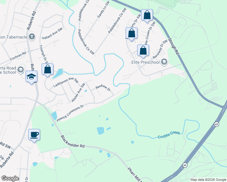 map of restaurants, bars, coffee shops, grocery stores, and more near 4883 Renfrew Drive in Concord