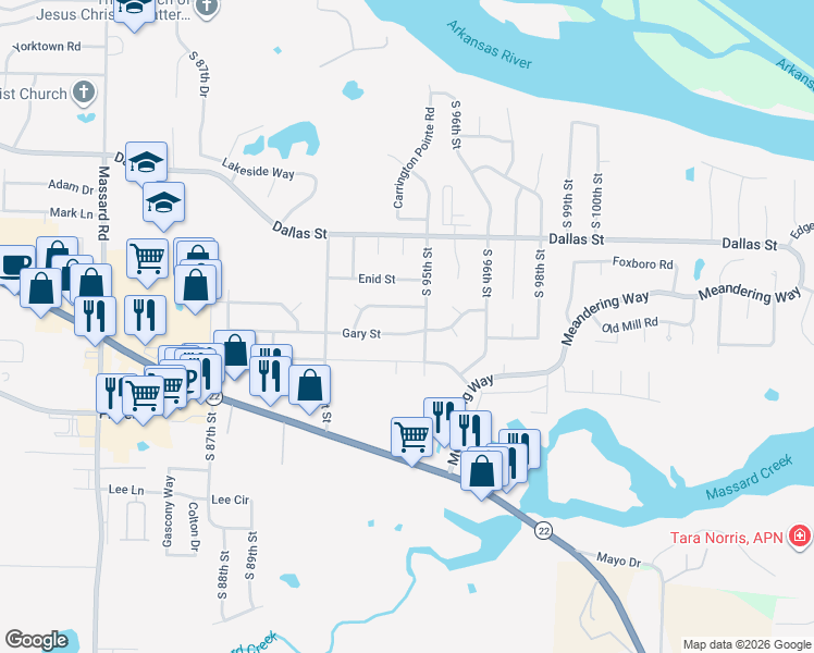 map of restaurants, bars, coffee shops, grocery stores, and more near 9316 South Fresno Street in Fort Smith