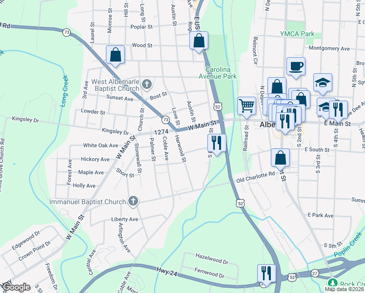 map of restaurants, bars, coffee shops, grocery stores, and more near 121 Harwood Street in Albemarle