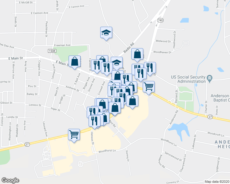 map of restaurants, bars, coffee shops, grocery stores, and more near 835 Highway 24 in Albemarle