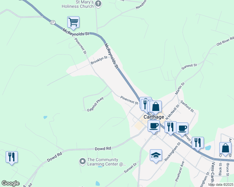 map of restaurants, bars, coffee shops, grocery stores, and more near 402 Pinecrest Street in Carthage