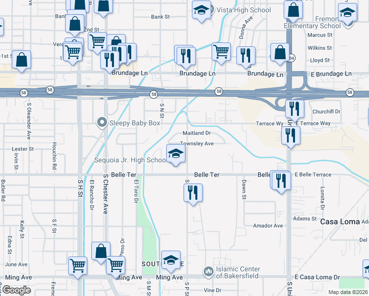 map of restaurants, bars, coffee shops, grocery stores, and more near 812 Townsley Avenue in Bakersfield