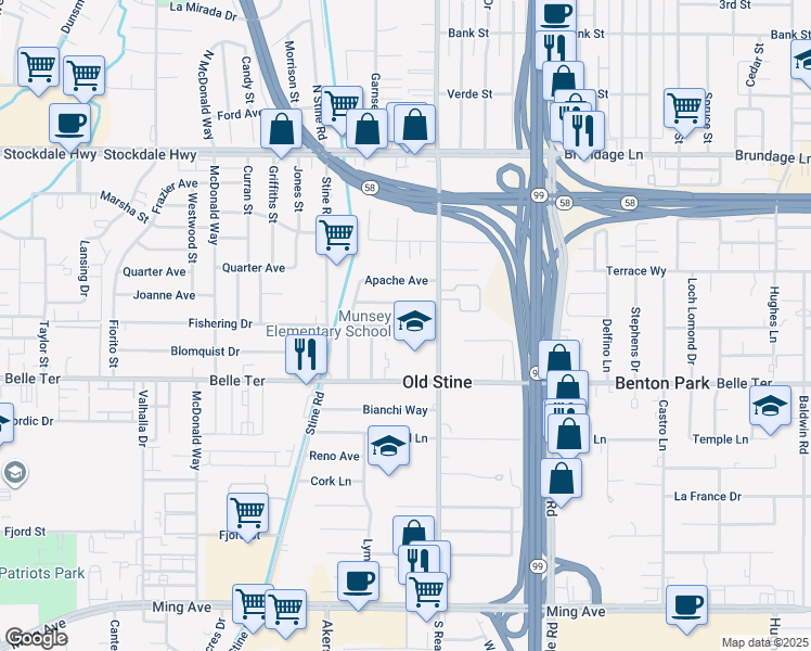 map of restaurants, bars, coffee shops, grocery stores, and more near 3801 Navajo Avenue in Bakersfield