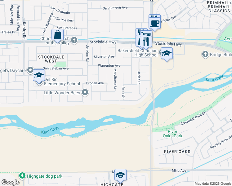 map of restaurants, bars, coffee shops, grocery stores, and more near 613 Marylhurst Street in Bakersfield
