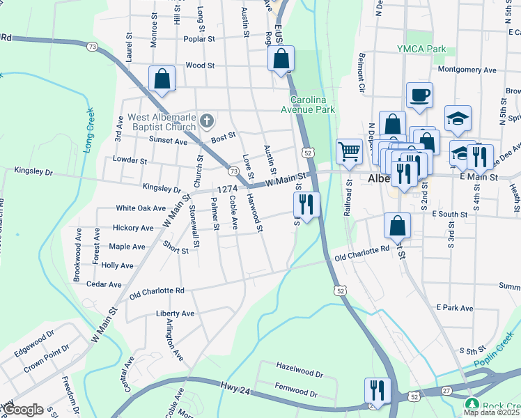 map of restaurants, bars, coffee shops, grocery stores, and more near 121 Harwood Street in Albemarle