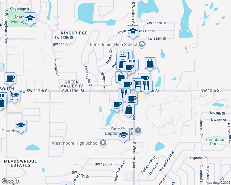 map of restaurants, bars, coffee shops, grocery stores, and more near 1000 Southwest 118th Place in Oklahoma City