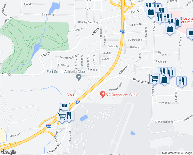 map of restaurants, bars, coffee shops, grocery stores, and more near 3402 Heather Moor in Fort Smith