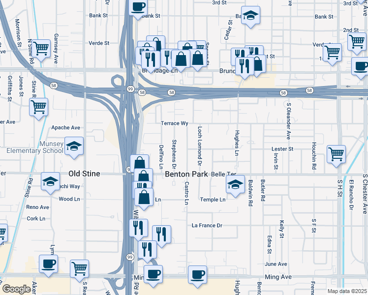 map of restaurants, bars, coffee shops, grocery stores, and more near 541 Castro Lane in Bakersfield