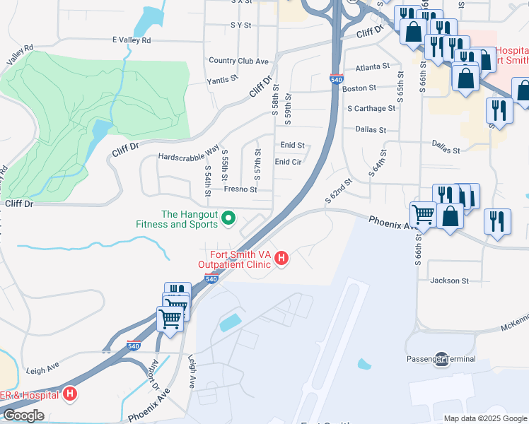 map of restaurants, bars, coffee shops, grocery stores, and more near 3400 Heather Moor in Fort Smith