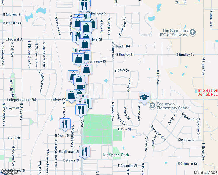 map of restaurants, bars, coffee shops, grocery stores, and more near 2279 North Shawnee in Shawnee