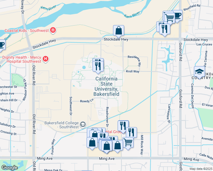 map of restaurants, bars, coffee shops, grocery stores, and more near 9001 Stockdale Highway in Bakersfield