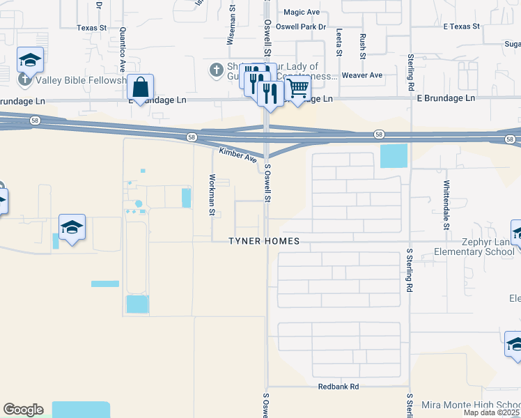 map of restaurants, bars, coffee shops, grocery stores, and more near 4819 La Posta Street in Bakersfield