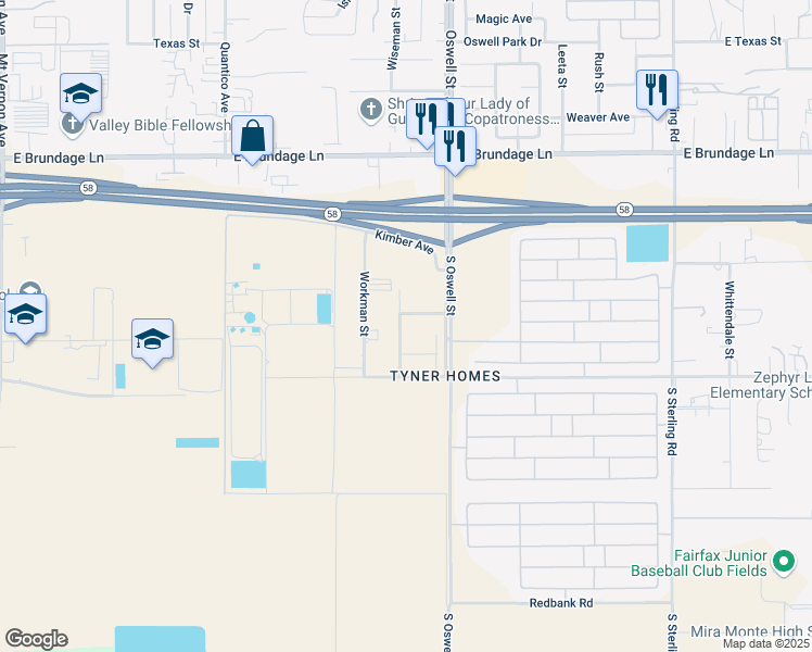 map of restaurants, bars, coffee shops, grocery stores, and more near 4703 La Posta Street in Bakersfield