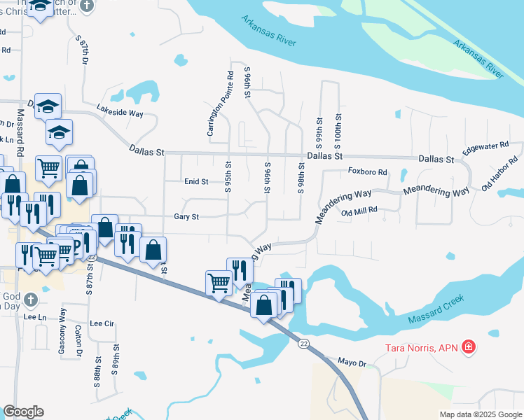 map of restaurants, bars, coffee shops, grocery stores, and more near 9542 Gary Street in Fort Smith