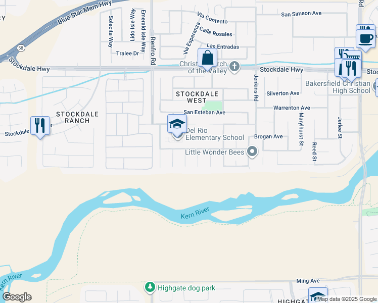 map of restaurants, bars, coffee shops, grocery stores, and more near 700 Mazatlan Drive in Bakersfield