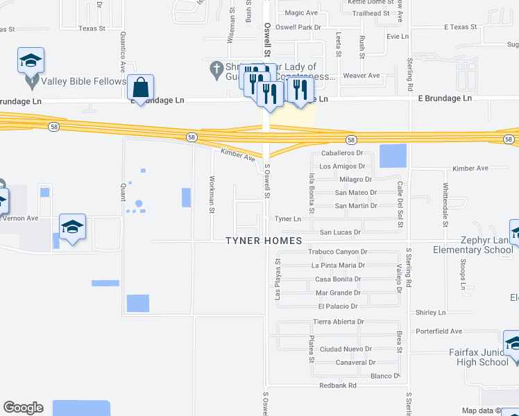 map of restaurants, bars, coffee shops, grocery stores, and more near 4819 La Posta Street in Bakersfield