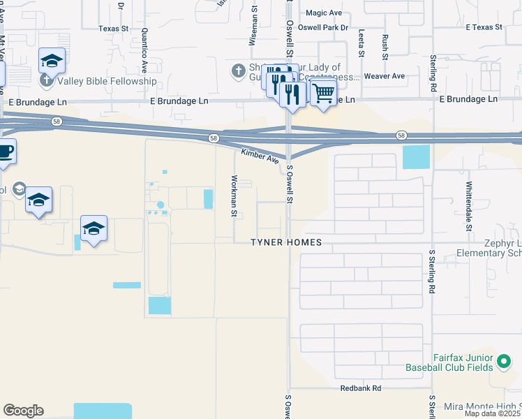 map of restaurants, bars, coffee shops, grocery stores, and more near 4703 La Posta Street in Bakersfield