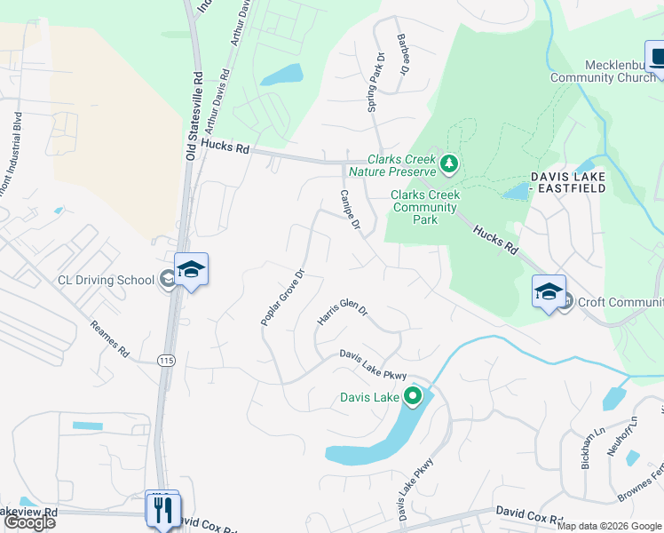 map of restaurants, bars, coffee shops, grocery stores, and more near 5410 Canipe Farm Court in Charlotte