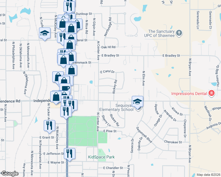 map of restaurants, bars, coffee shops, grocery stores, and more near 1219 East Monroe Drive in Shawnee