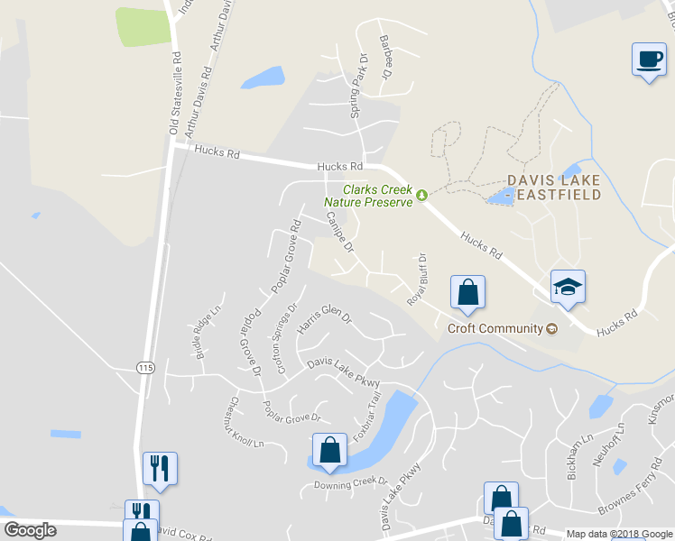 map of restaurants, bars, coffee shops, grocery stores, and more near 5422 Canipe Farm Court in Charlotte