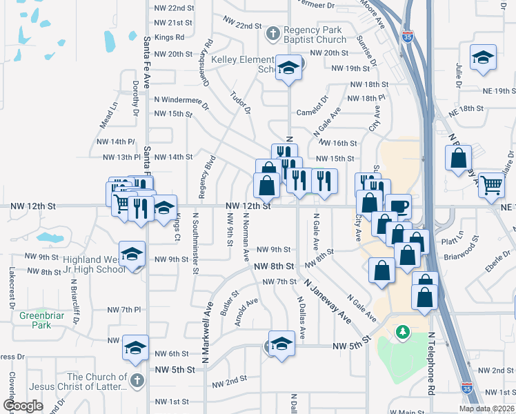 map of restaurants, bars, coffee shops, grocery stores, and more near 901 Northwest 12th Street in Moore