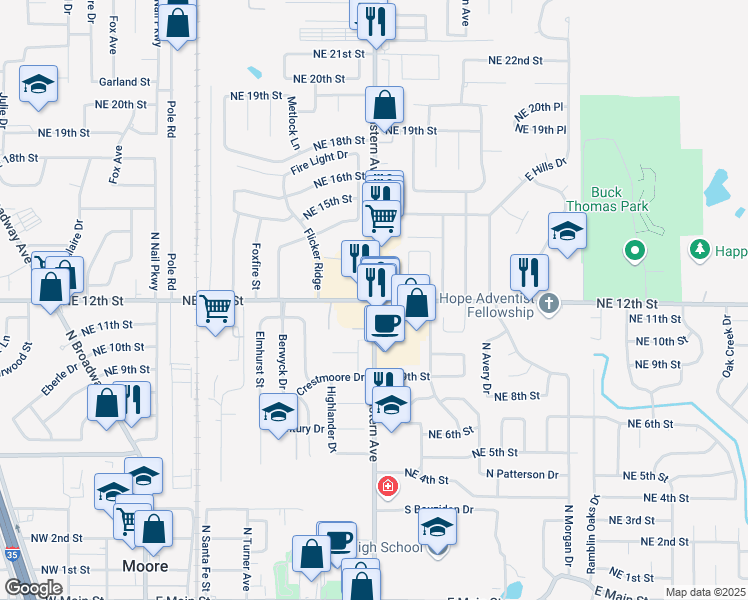 map of restaurants, bars, coffee shops, grocery stores, and more near NE 12th St & N Eastern Ave in Moore