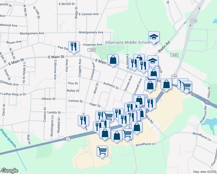 map of restaurants, bars, coffee shops, grocery stores, and more near 300 North Bell Avenue in Albemarle