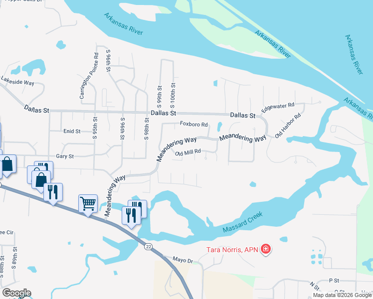 map of restaurants, bars, coffee shops, grocery stores, and more near 10101 Old Mill Road in Fort Smith