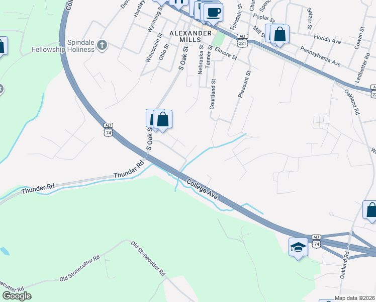 map of restaurants, bars, coffee shops, grocery stores, and more near 131 Carriage Place in Spindale