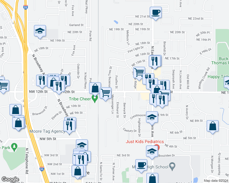 map of restaurants, bars, coffee shops, grocery stores, and more near 309 Northeast 12th Street in Moore