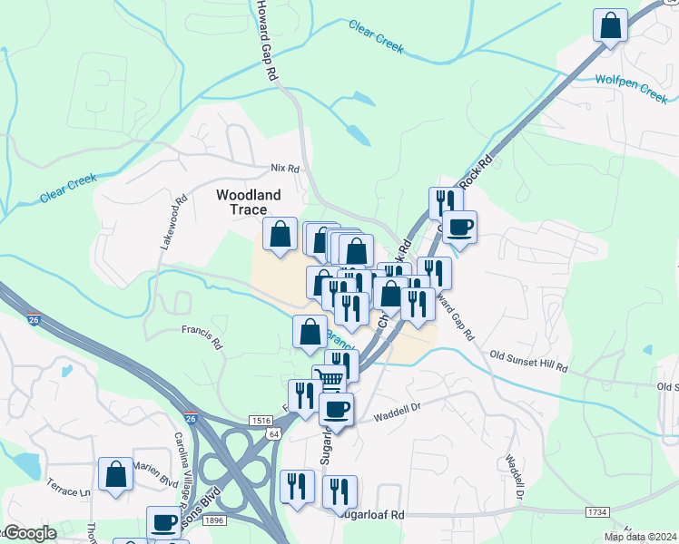 map of restaurants, bars, coffee shops, grocery stores, and more near U.S. 64 in Hendersonville