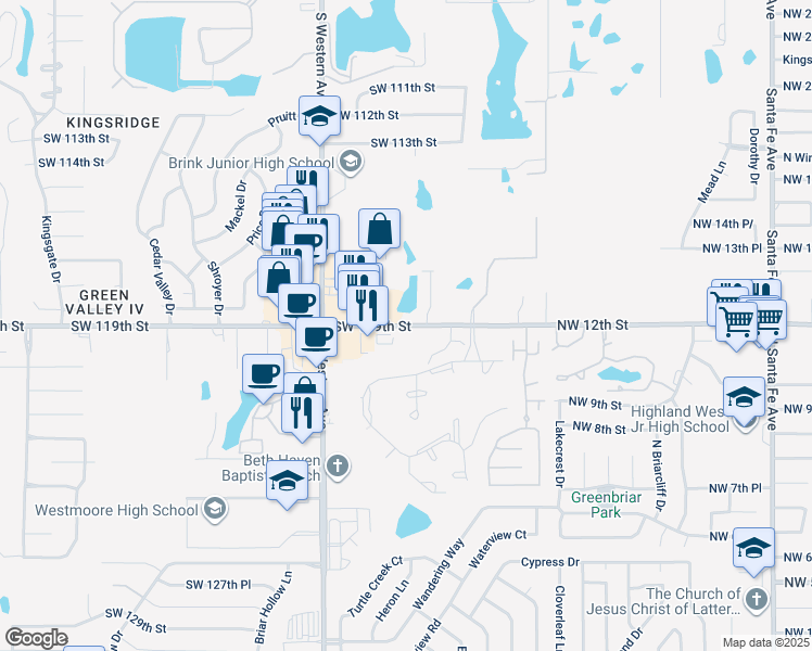 map of restaurants, bars, coffee shops, grocery stores, and more near 701 Southwest 119th Street in Oklahoma City