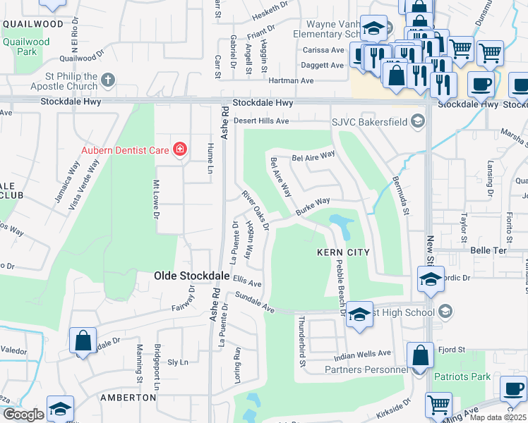 map of restaurants, bars, coffee shops, grocery stores, and more near 704 River Oaks Drive in Bakersfield