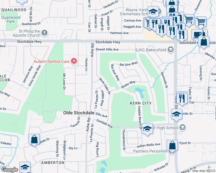 map of restaurants, bars, coffee shops, grocery stores, and more near 704 River Oaks Drive in Bakersfield