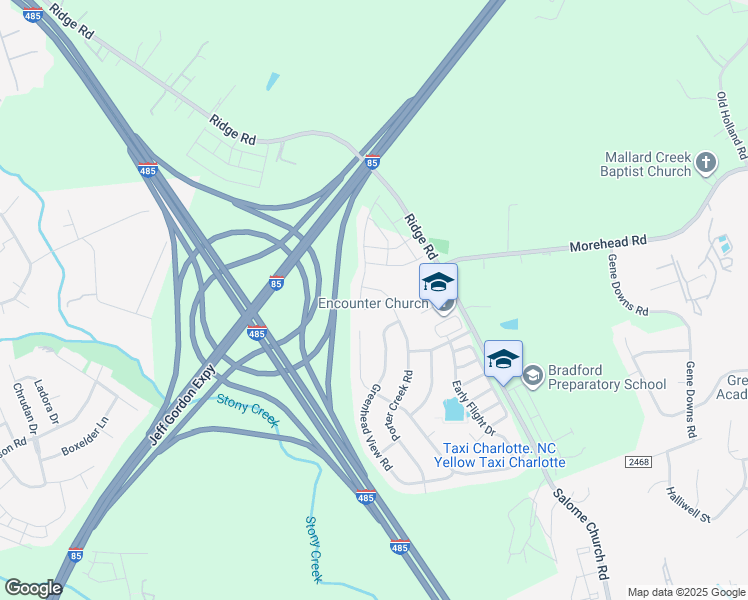 map of restaurants, bars, coffee shops, grocery stores, and more near Jeff Gordon Expressway in Mecklenburg