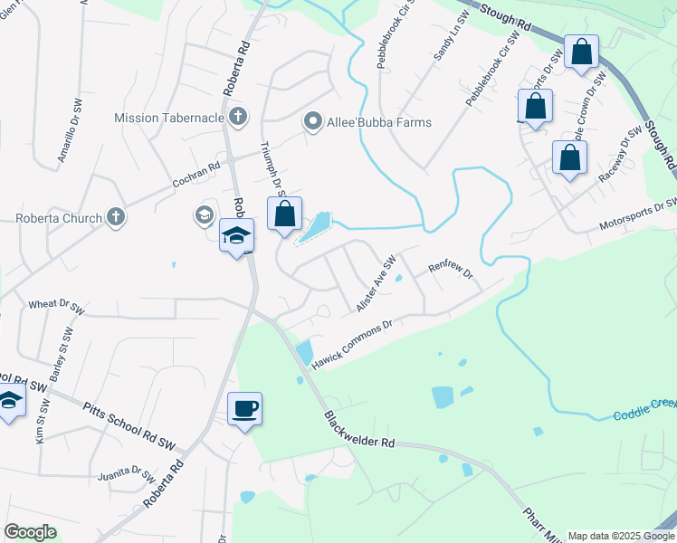 map of restaurants, bars, coffee shops, grocery stores, and more near 4619 Dunhill Lane Southwest in Concord