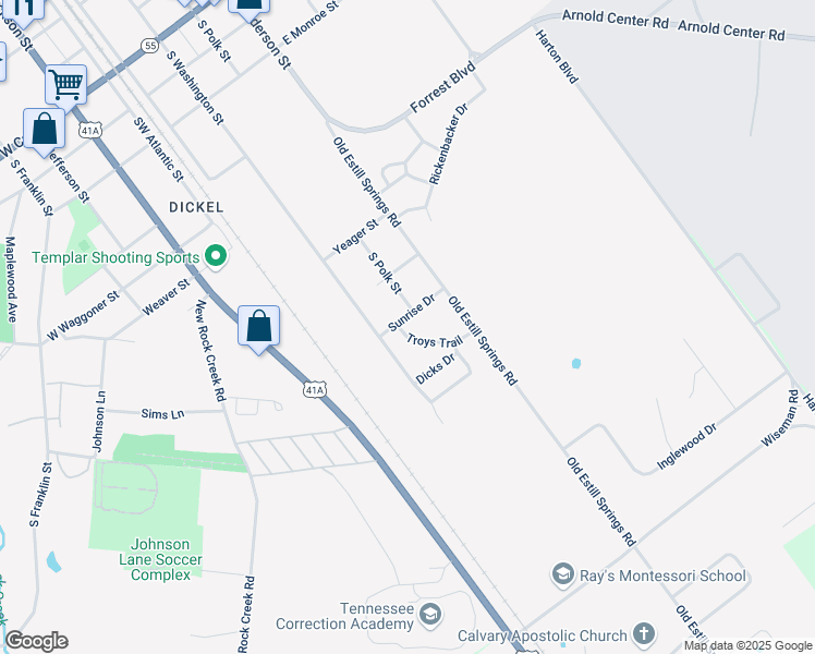 map of restaurants, bars, coffee shops, grocery stores, and more near 111 Sunrise Drive in Tullahoma