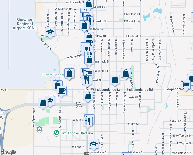 map of restaurants, bars, coffee shops, grocery stores, and more near 1623 North Louisa Avenue in Shawnee
