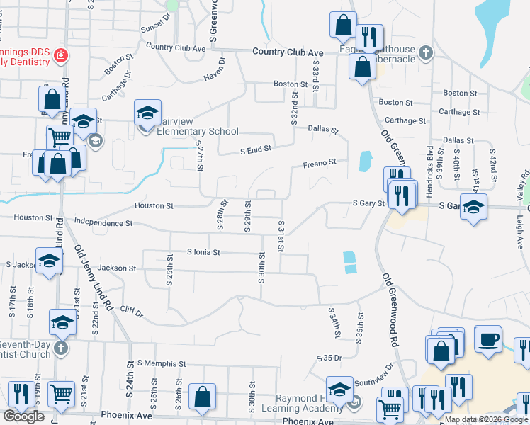 map of restaurants, bars, coffee shops, grocery stores, and more near 3001 Houston Street in Fort Smith