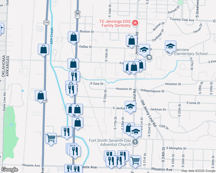 map of restaurants, bars, coffee shops, grocery stores, and more near 1605 Houston Street in Fort Smith