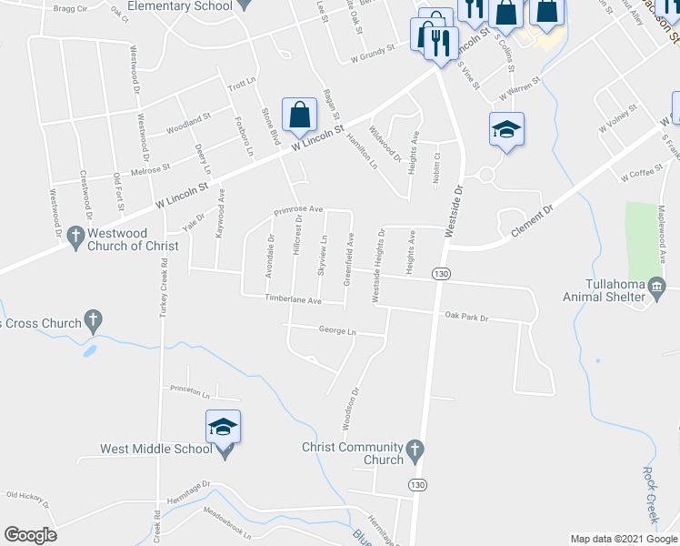 map of restaurants, bars, coffee shops, grocery stores, and more near 216 Greenfield Avenue in Tullahoma