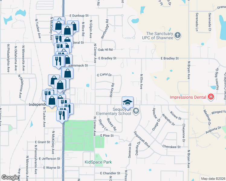 map of restaurants, bars, coffee shops, grocery stores, and more near 1701 Rickey Road in Shawnee
