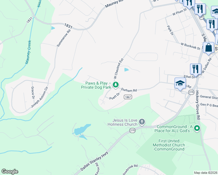 map of restaurants, bars, coffee shops, grocery stores, and more near 507 Durham Road in Stanley