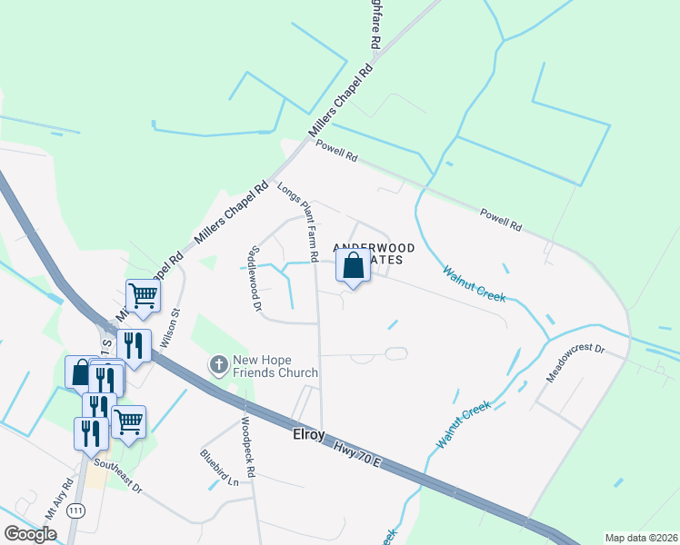 map of restaurants, bars, coffee shops, grocery stores, and more near 104 Bridle Path Road in Goldsboro