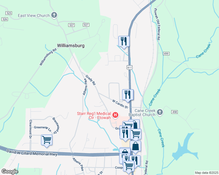 map of restaurants, bars, coffee shops, grocery stores, and more near 1225 Kimbrough Avenue in Etowah