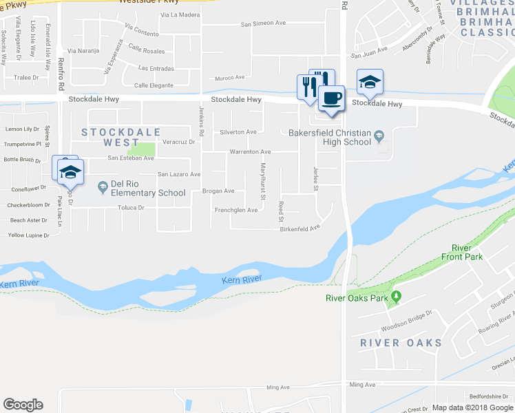 map of restaurants, bars, coffee shops, grocery stores, and more near 613 Marylhurst Street in Bakersfield