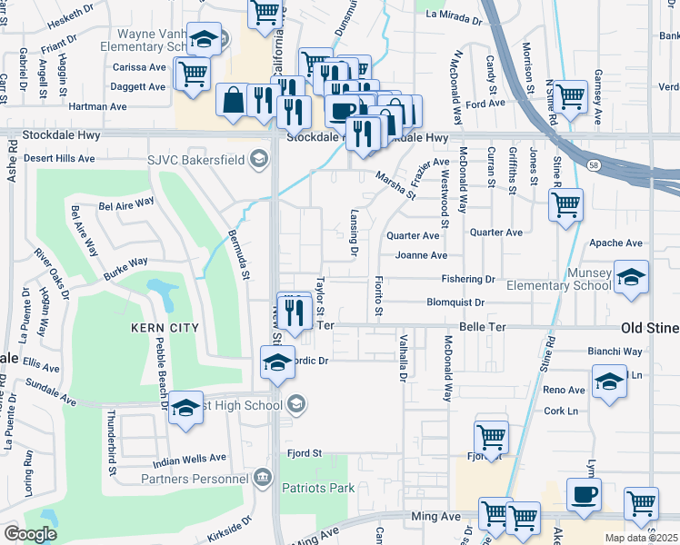 map of restaurants, bars, coffee shops, grocery stores, and more near 5001-5101 Hunter Avenue in Bakersfield