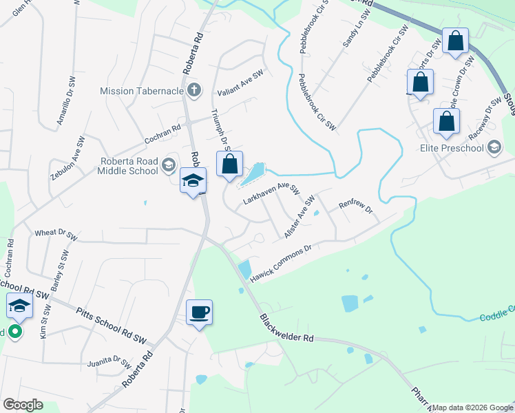 map of restaurants, bars, coffee shops, grocery stores, and more near 3575 Larkhaven Avenue Southwest in Concord