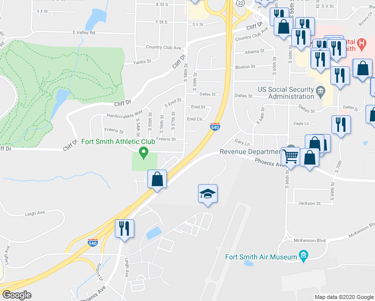 map of restaurants, bars, coffee shops, grocery stores, and more near 5808 Gary Court in Fort Smith